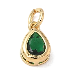 Green Brass Pave Cubic Zirconia Charms, Teardrop Charms, Single Stone Charms, Long-Lasting Plated, Rack Plating, Lead Free & Cadmium Free, Real 18K Gold Plated, Green, 12x8x5mm, Hole: 4mm