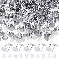 Stainless Steel Color 304 Stainless Steel Blank Flat Round Stud Earring Findings, with Plastic Ear Nuts, Stainless Steel Color, 12x8mm, Pin: 0.7mm