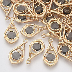 Black Faceted Glass Pendants, with Eco-Friendly Alloy Open Back Settings, Nickel Free, Teardrop, Light Gold, Black, 21x11x3.5mm, Hole: 1.6mm