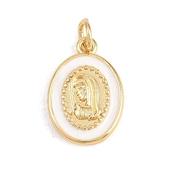 Белый Латунные подвески, с эмалью, овал с подвесками Девы Марии, без кадмия и без свинца, реальный 18 k позолоченный, белые, 17x12x2.5 мм, отверстие : 3.5 мм