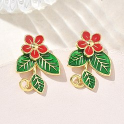 Красный Серьги-гвоздики из латуни и эмали для женщин, цветок с листа, стойки покрытие, долговечный, без свинца и без кадмия, реальный 18 k позолоченный, красные, 21.5x16.5 мм