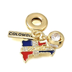 Map Brass Micro Pave Clear Cubic Zirconia and Enamel European Dangle Charms, Large Hole Pendants, Rack Plating, Long-Lasting Plated, Cadmium Free & Lead Free, Map, 29mm, Hole: 4.5mm