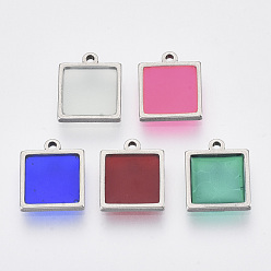 Stainless Steel Color 201 Stainless Steel Pendants, with Epoxy Resin, Square, Mixed Color, Stainless Steel Color, 12x10x1.5mm, Hole: 1.2mm