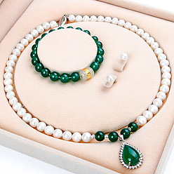 Платина Комплекты ожерелий, браслетов и серег из натурального пресноводного жемчуга с хризопразом для женщин, платина, 450 мм