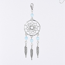 Light Sky Blue Alloy Big Pendants, with Cat Eye Beads and 304 Stainless Steel Lobster Claw Clasps, Woven Net/Web with Feather, Light Sky Blue, 95mm