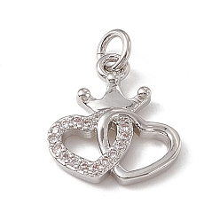 Платина Латунные микропаве прозрачные кубические циркониевые подвески, с открытыми кольцами прыжковых, двойное сердце с короной, платина, 14.5x13x2.5 мм, отверстие : 2.7 мм