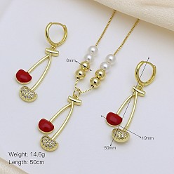 Вишня Комплекты из латунных подвесок и серег-колец с микропаве из кубического циркония, с эмалью, вишня, Серьги: 50x19 mm