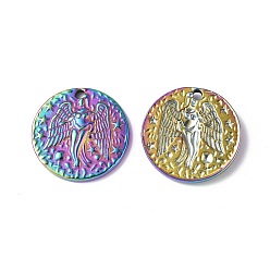 Rainbow Color Ионное покрытие (ip) 304 подвески из нержавеющей стали, , плоский круглый с ангельским шармом, Радуга цветов, 20x2.5 мм, отверстие : 1.8 мм