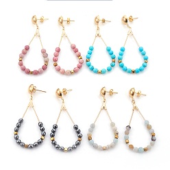 Mixed Stone Brass Ear Studs, with Natural & Synthetic Mixed Stone, and Electroplate Non-magnetic Synthetic Hematite Beads, Golden, 52mm, Pin: 0.6mm