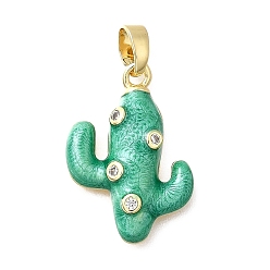 Морско-зеленый Латунные микро проложить кубического циркония подвески, Эмаль стиле, реальный 18 k позолоченный, кактус прелести, цвета морской волны, 20.5x15x4 мм, отверстие : 5x2.5 мм
