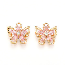 Pink Латунные микро проложить кубического циркония прелести, бабочки и цветы, долговечный, без никеля , реальный 18 k позолоченный, розовые, 13x13x4 мм, отверстие : 1.4~1.5 мм
