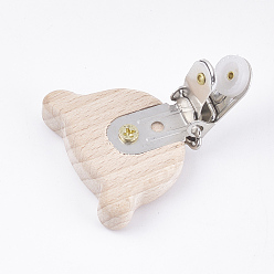 BurlyWood Beech Wood Baby Pacifier Holder Clips, with Iron Clips, Bear, Platinum, BurlyWood, 45x49x12.5mm, Hole: 3.5x13mm
