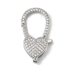 Платина Застежки-клешни из прозрачной латуни с кубическим цирконием, без кадмия, без никеля и без свинца, сердце, платина, 26.5x15x5 мм, отверстие : 8x2 мм