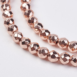 Rose Gold Plated Non-magnetic Synthetic Hematite Bead Strands, Faceted, Round, Rose Gold Plated, 4mm, Hole: 1mm, about 70~102pcs/strand, 15.5 inch~17.7 inch