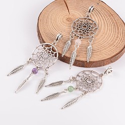 Смешанные камни Античный серебряный сплав смешанный камень европейские подвески с подвесками, 84 мм, отверстие : 4.5 мм