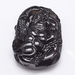 Black Natural Ice Rainbow Obsidian Carven Pendants, Tiger, Black, 44x32x13mm, Hole: 2mm