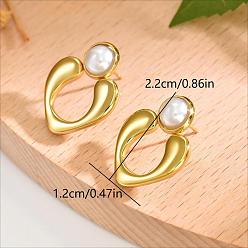 Heart 201 Stainless Steel Stud Earrings for Women, with Imitation Pearl, Golden, Heart, 22x12mm