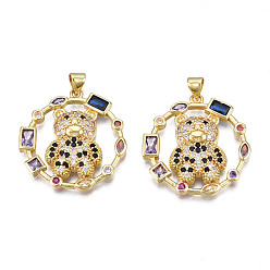 Colorful Brass Micro Pave 
Cubic Zirconia Pendants, with Brass Snap on Bails, Nickel Free, Real 18K Gold Plated, Ring with Bear, Colorful, 29x27.5x4mm, Hole: 3x5mm