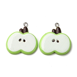 Зеленый лайм Непрозрачные подвески смолы, яблоко, с платиновым тоном железная петля, зеленый лайм, 29.5x27.5x3.5 мм, отверстие : 2 мм