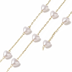 Golden Handmade Plastic Pearl Heart Beaded Chains, with Rack Plating Brass Cable Chains, Soldered, with Card Paper, Golden, 9x6x4mm