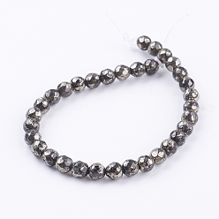 Pyrite Natural Pyrite Beads Strands, Round, Faceted, 6mm, Hole: 1mm, about 62pcs/strand, 16 inch