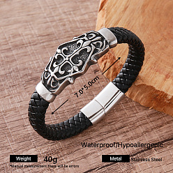 Flor Pulseras vintage de acero inoxidable con cordón de cuero sintético trenzado negro para hombre, con cierres magnéticos, color acero inoxidable, flor, diámetro interior: 304 pulgada (2.76 cm)