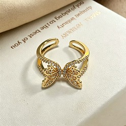 Golden Brass Micro Pave Cubic Zirconia Cuff Open Rings, Butterfly, Golden, 15~20mm
