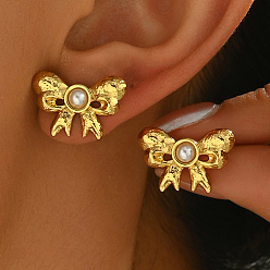 Золотой Милые 201 серьги-гвоздики из нержавеющей стали с бантом, с имитацией жемчуга, золотые, 14x22 мм