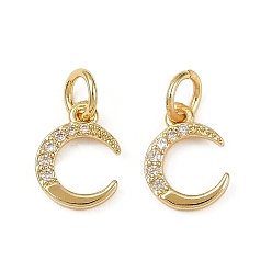 Настоящее золото 18K Латунные микро проложить кубического циркония подвески, без кадмия и без свинца, Луна прелести, с целью перехода в кольце, реальный 18 k позолоченный, 10.5x8x1.5 мм, отверстие : 3.2 мм