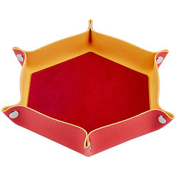 Orange Red PU Leather Dice Tray, Mat Dice Holder, Metal Dice Rolling Tray, with Metal Bottons, Storage Box for Rolling Dice Games, Hexagon, Orange Red, 20.6x23.8x4.1cm, Unfold: 248x276x6mm