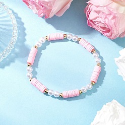 Pink Бусины из полимерной глины ручной работы с бусинами из АБС-пластика, имитирующими жемчуг, и латунными бусинами-разделителями, а также браслеты из корейской эластичной хрустальной нити, розовые, внутренний диаметр: 2-1/4 дюйм (5.7 см)