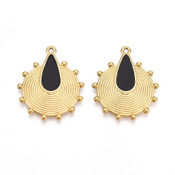 Черный 304 подвески из нержавеющей стали, с эмалью, плоские круглые и каплевидные подвески, ионное покрытие (ip), реальный 18 k позолоченный, чёрные, 29x24x1.5 мм, отверстие : 1.5 мм