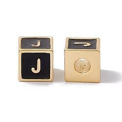 Letter J Стойки покрытие латунь эмаль бисер, без кадмия, без никеля и без свинца, реальный 18 k позолоченный, куб с письмом, чёрные, letter.j, 6x6x6 мм, отверстие : 2.5 мм