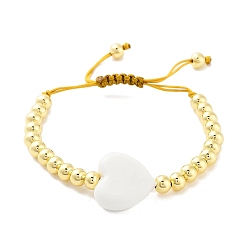 Белый Браслеты-сердечки лэмпворк ручной работы, регулируемые женские браслеты из круглых латунных бусин диаметром 6 мм с плетеными бусинами, реальный 18 k позолоченный, белые, внутренний диаметр: 1-7/8~3-1/8 дюйм (4.8~7.8 см), Сердце: 19x20.5x7 mm