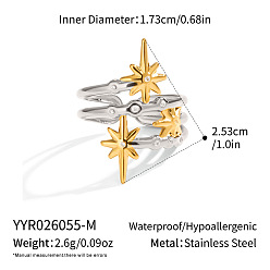 Real Gold Plated & Stainless Steel Color 304 Stainless Steel Rhinestone Cuff Open Rings for Women, Star, Real Gold Plated & Stainless Steel Color, 25.3mm, US Size 7(17.3mm)