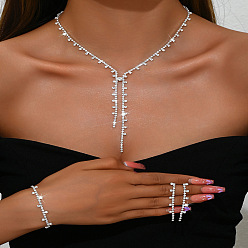 Кристалл Ожерелье с подвеской-кисточкой из сплава и стразами, серьги-гвоздики и кольцо, кристалл, 370мм и 50мм и 190мм