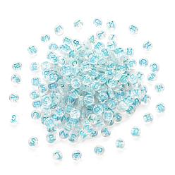 Sky Blue Transparent Clear Acrylic Beads, Horizontal Hole, Flat Round with Random Letter, Sky Blue, 7x4mm, Hole: 1.6mm, 200pcs/set