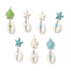 Нержавеющая Сталь Цвет 7 шт. 7 стили подвески из натуральной раковины каури и морской черепахи, окрашенные в синтетический бирюзовый цвет, с медными ювелирными проволочными петлями, белый и бирюзовый, цвет нержавеющей стали, 43.5~47.5x13.5~14x10 мм, отверстие : 3.5 мм, 1 шт / стиль