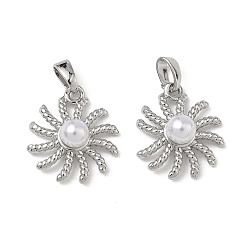 Платина Латунные подвески, очарование подсолнуха, с abs имитационными жемчужными бусинами , платина, 17x15x6 мм, отверстие : 4x2.5 мм