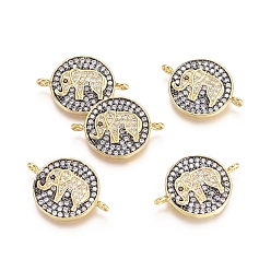 Черный Цвет Металла & Золотой Соединители из латуни с микропаве и кубическим цирконием, плоские круглые и слон, прозрачные, металлический черный & золотой, 15x21x1.5 мм, отверстие : 1.4 мм