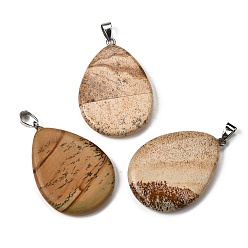 Пейзажный Джаспер Естественного изображения яшмы подвески, Подвески в форме капли с 304 защелкивающимися креплениями из нержавеющей стали, цвет нержавеющей стали, 43.5~45x29.5~30.5x6~7.5 мм, отверстие : 7.5x4.5 мм
