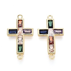 Настоящее золото 16K Латунные звенья с цветными кубическими циркониями, инкрустированные бриллиантами., Религиозные подвески с крестообразным соединителем, реальный 16 k позолоченный, 28x15x2.5~3 мм, отверстие : 1.5~1.6 мм