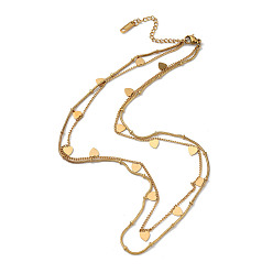 Golden 304 Stainless Steel Satellite & Curb Chains Double Layer Necklace, with Heart Pendants, Golden, 16.14 inch(41cm)