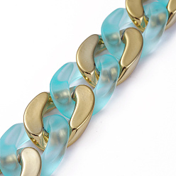 Light Sky Blue Handmade Golden Plated CCB Plastic & Transparent Acrylic Cuban Link Chains, Twisted Chains, for Jewelry Making, Light Sky Blue, Link: 29~30x21x6mm, 39.37 inch(1m)/strand
