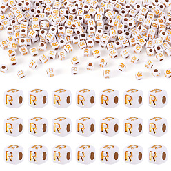 Letter R Непрозрачные акриловые бусины, с металлическим обрамлением, кубические, Буква R, 4.5x4.5x4.5 мм, отверстие : 2 мм