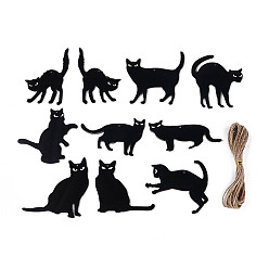 Черный 10 шт. подвесные украшения из дерева с односторонней УФ-печатью, кошка, подвесные украшения из джутовой веревки, вырезанные лазером деревянные формы, чёрные, 46~88.5x61~98x2 мм, отверстие : 2.5~2.8 мм