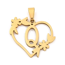 Letter O Ионное покрытие (ip) 201 подвески из нержавеющей стали, сердце с подвесками в виде букв, золотые, Письмо O, 23x25x1.5 мм, отверстие : 7.5x3.5 мм