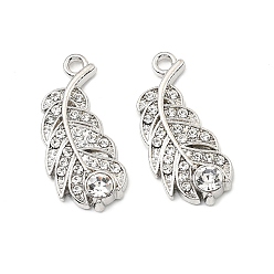 Платина Подвески из сплава и страза, перо, платина, 24x14x4 мм, отверстие : 1.8 мм