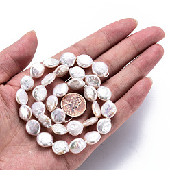 Seashell Color Natural Keshi Pearl Beads Strands, Cultured Freshwater Pearl, Flat Round, Seashell Color, 11~14x11~12x4~5mm, Hole: 0.6mm, about 31~34pcs/strand, 14.57~15.35 inch(37~39cm)