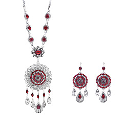 Сиамский Ожерелья с подвесками в виде цветочных кисточек из сплава со стразами и комплекты серег-колец, античное серебро, Сиам, 520 мм и 115x35 мм